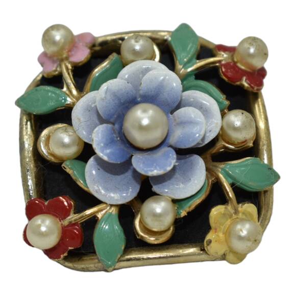 Vintage Bracelet Earrings Set Enamel Flowers Faux Pearls by Alice Jewelry Co - Picture 8 of 10